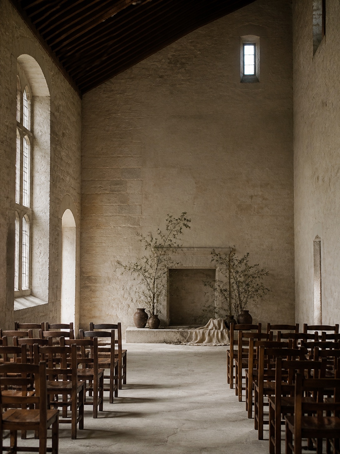 Rows of empty wooden chairs in a tall stone hall lit by side windows.