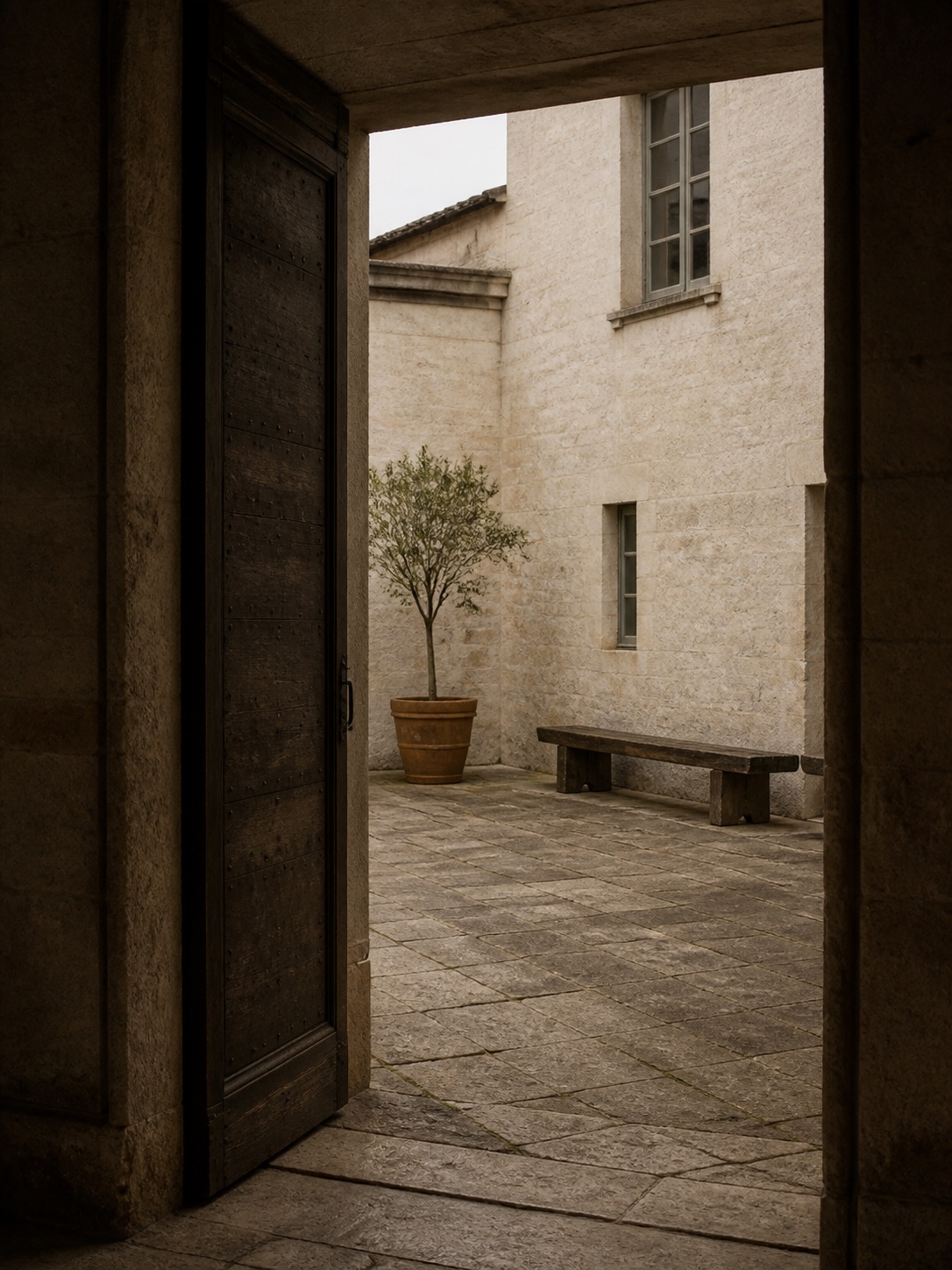 An open dark wooden door frames a bare stone courtyard with a potted tree and bench.
